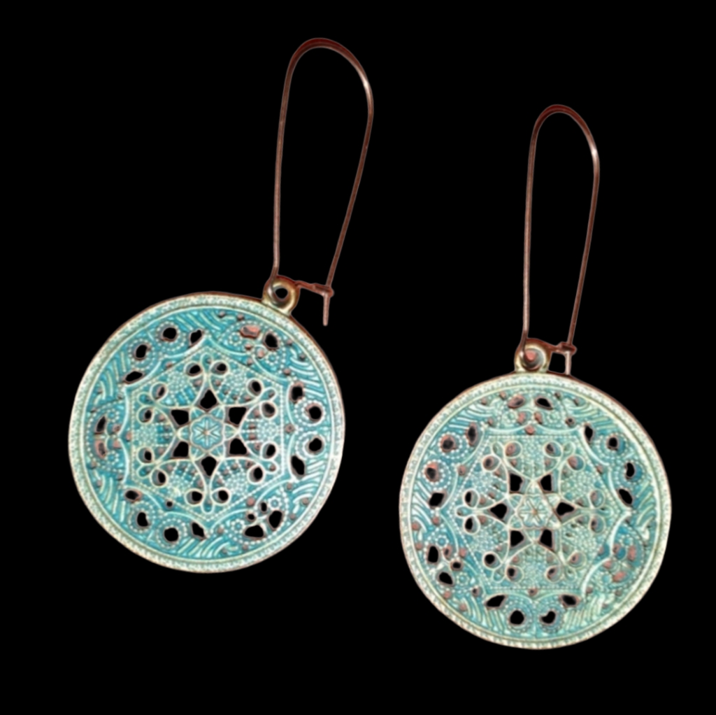 Filigree Verdigris Mandala Medallion Handmade Earrings Big Stainless Steel Wires 32$